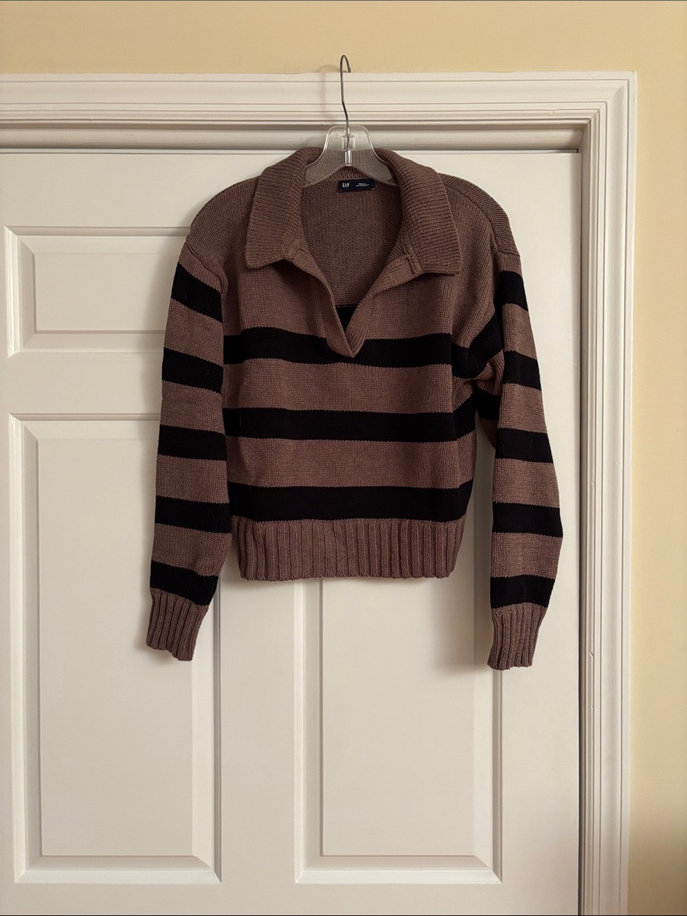 GAP Brown and Black Striped V-Neck Collared Sweater